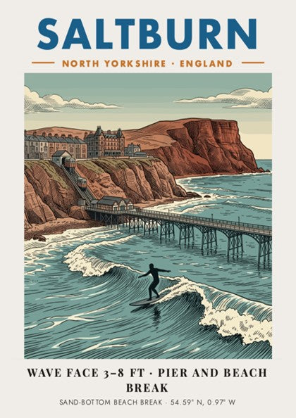 Poster of Saltburn beach featuring a surfer, the pier, and the funicular railway.