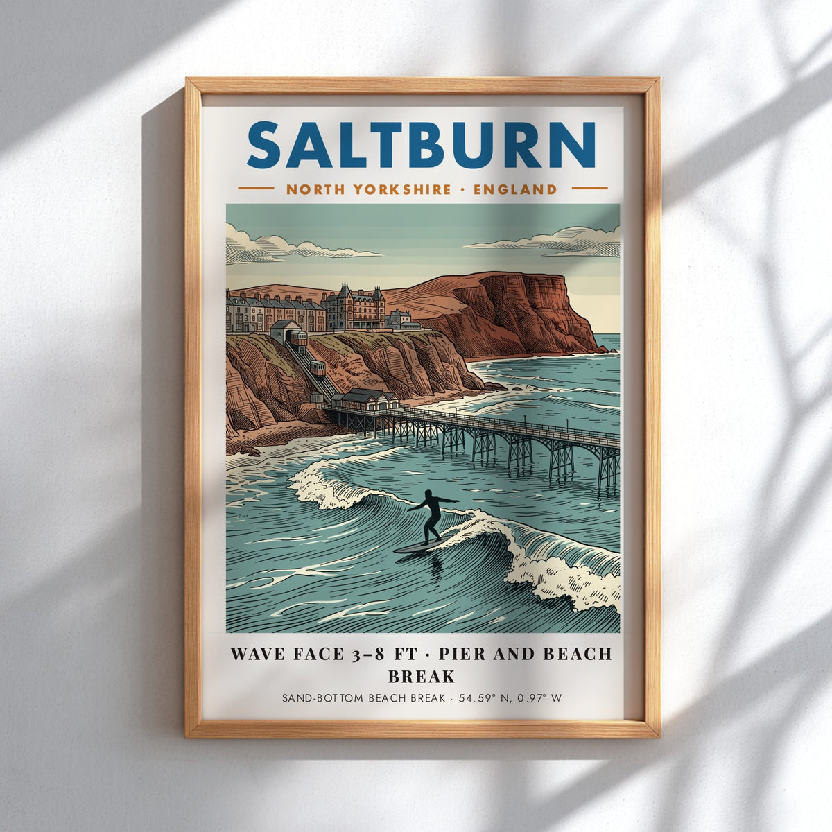 Poster of Saltburn beach featuring a surfer, the pier, and the funicular railway.