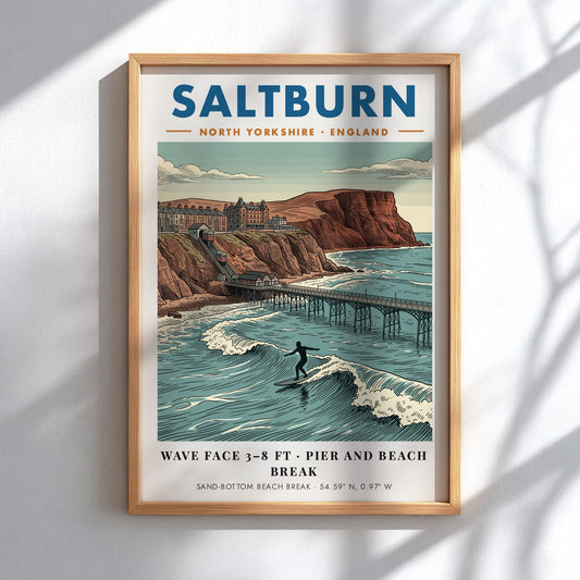 Poster of Saltburn beach featuring a surfer, the pier, and the funicular railway.
