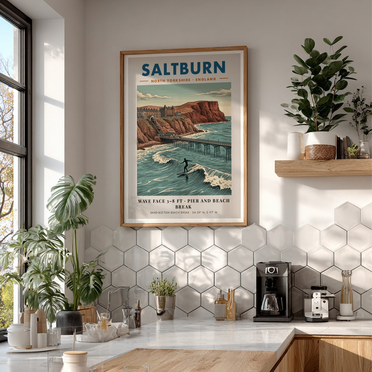 Poster of Saltburn beach featuring a surfer, the pier, and the funicular railway.