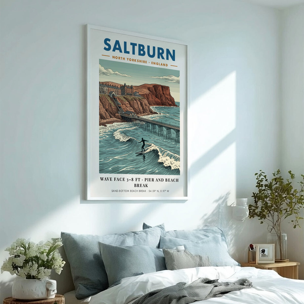 Poster of Saltburn beach featuring a surfer, the pier, and the funicular railway.