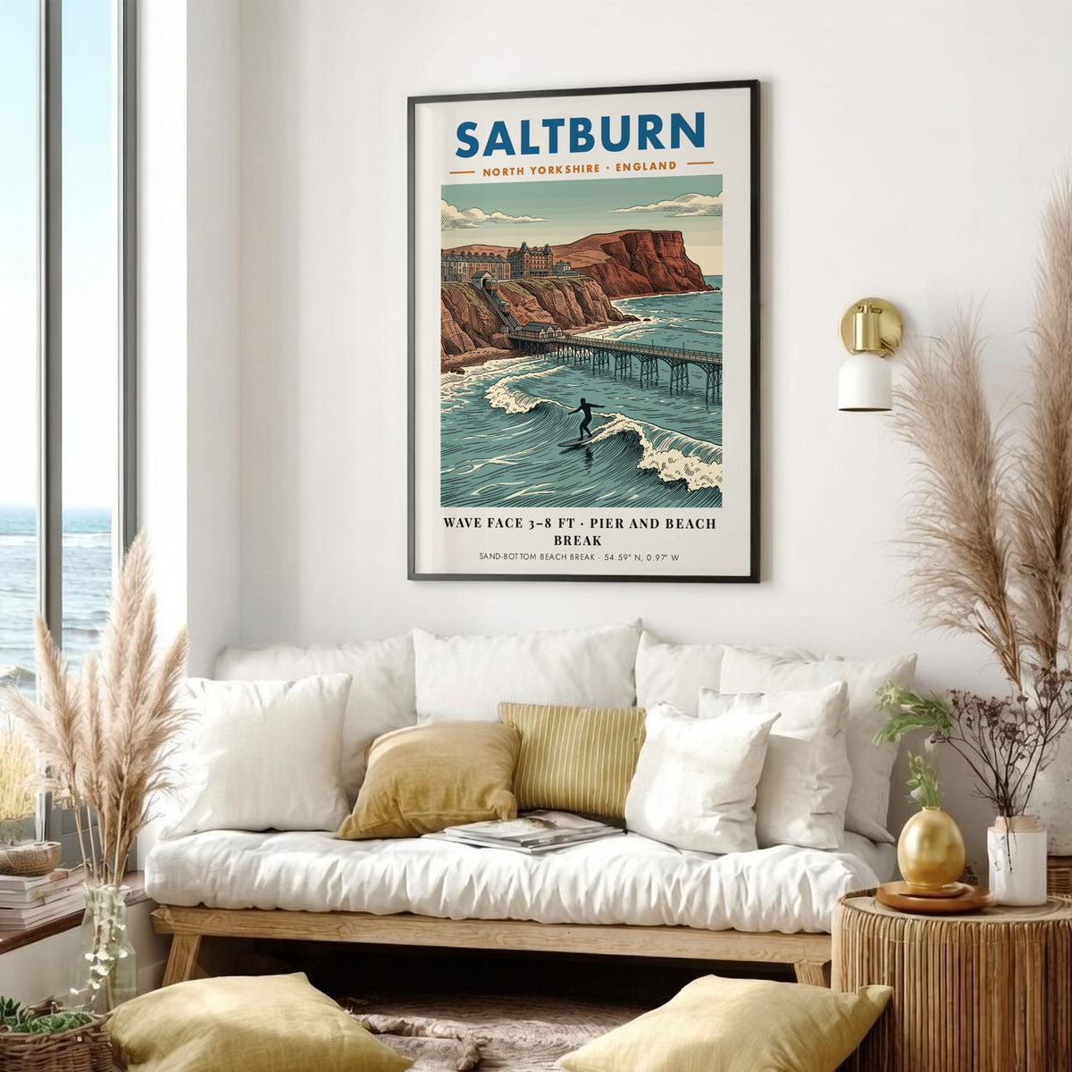 Poster of Saltburn beach featuring a surfer, the pier, and the funicular railway.