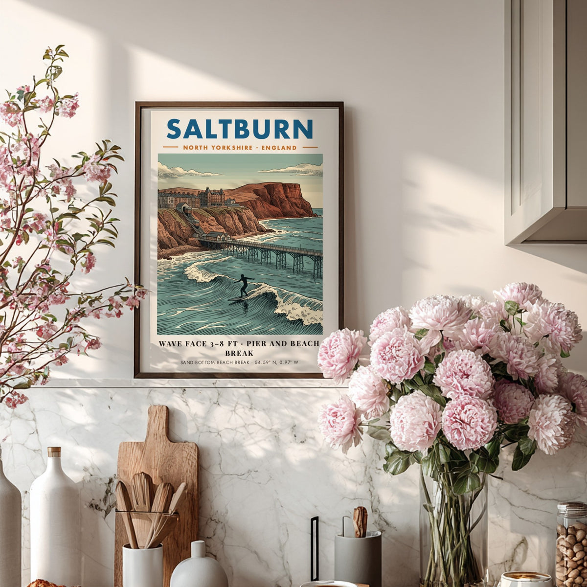 Poster of Saltburn beach featuring a surfer, the pier, and the funicular railway.