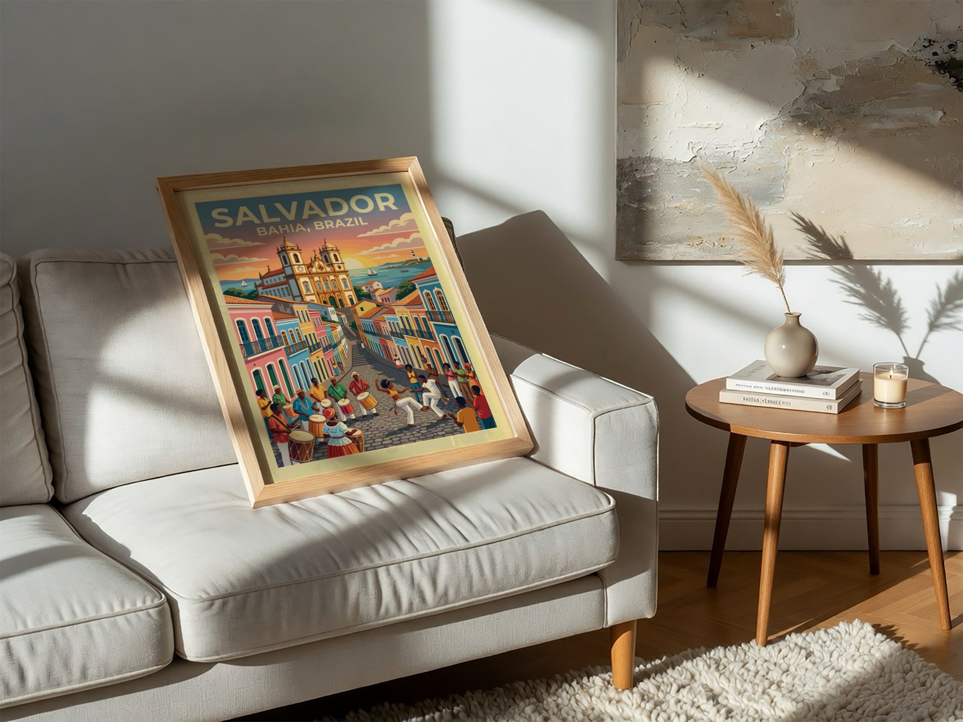 Travel poster of Salvador Bahia featuring colourful colonial buildings and people dancing capoeira.