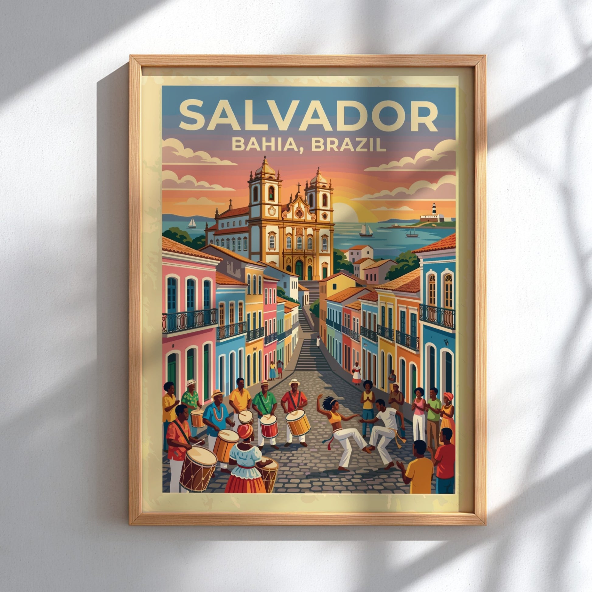 Travel poster of Salvador Bahia featuring colourful colonial buildings and people dancing capoeira.