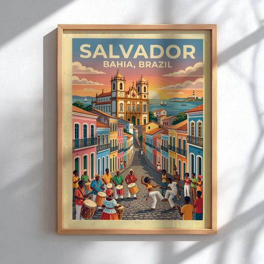 Travel poster of Salvador Bahia featuring colourful colonial buildings and people dancing capoeira.