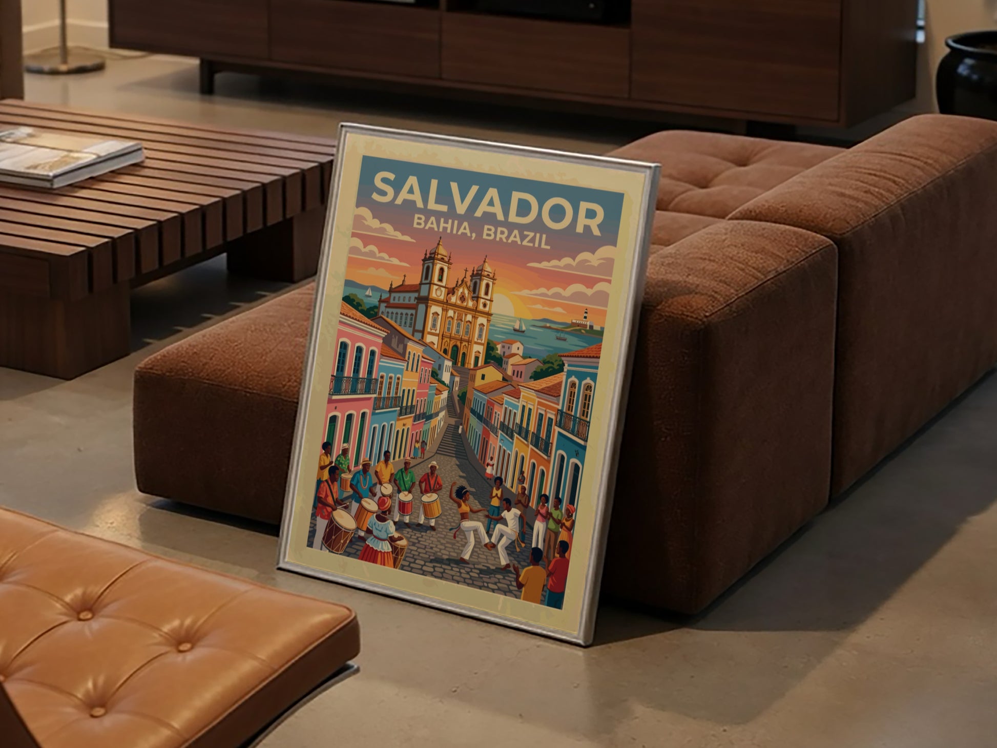 Travel poster of Salvador Bahia featuring colourful colonial buildings and people dancing capoeira.