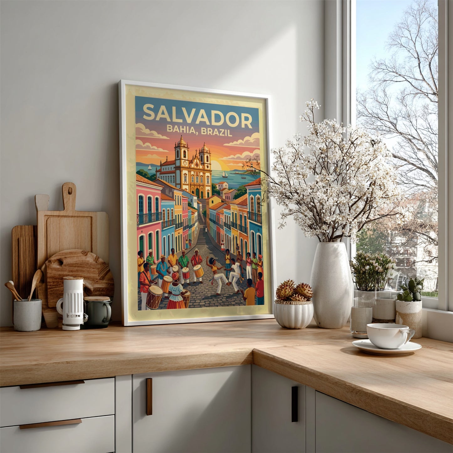 Travel poster of Salvador Bahia featuring colourful colonial buildings and people dancing capoeira.