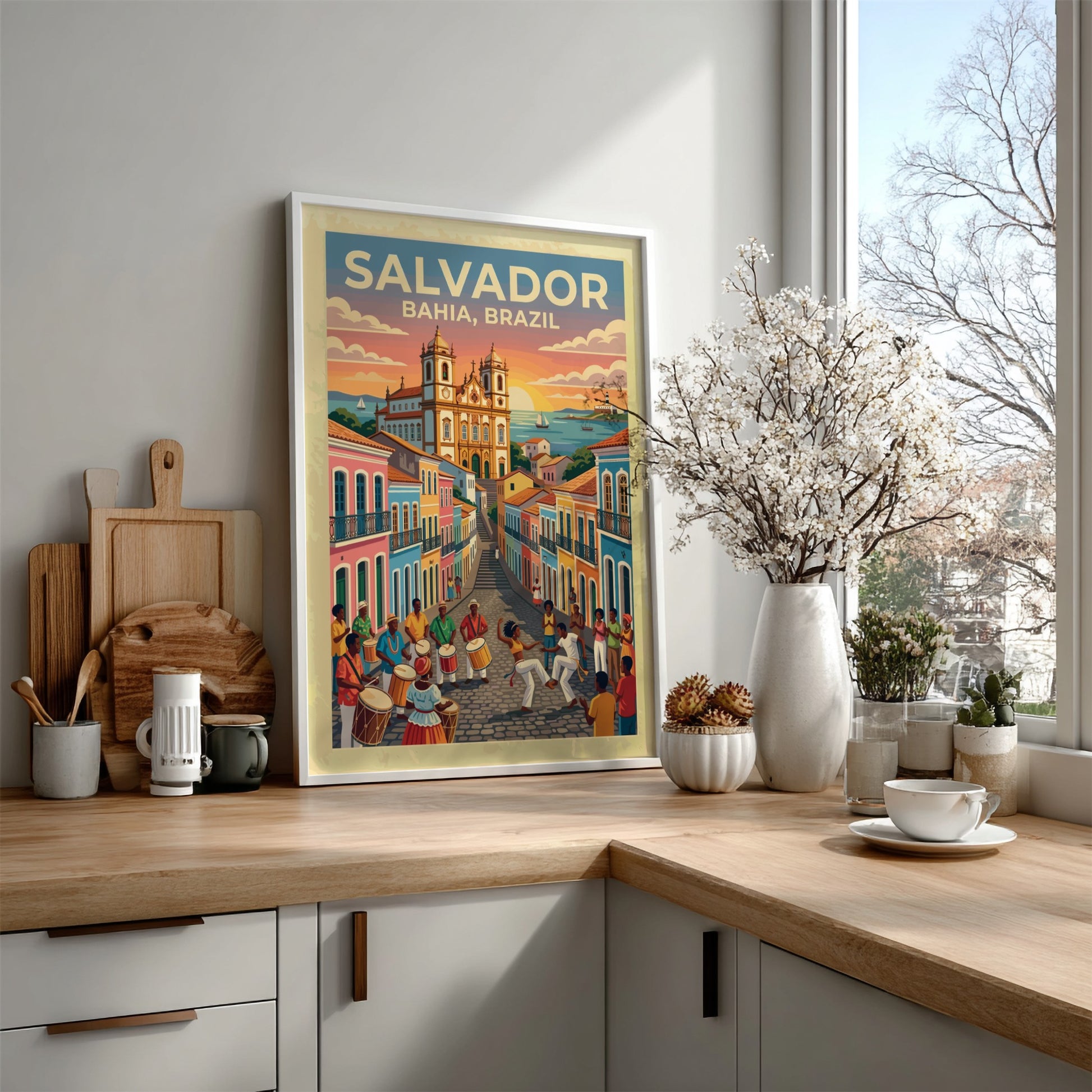Travel poster of Salvador Bahia featuring colourful colonial buildings and people dancing capoeira.