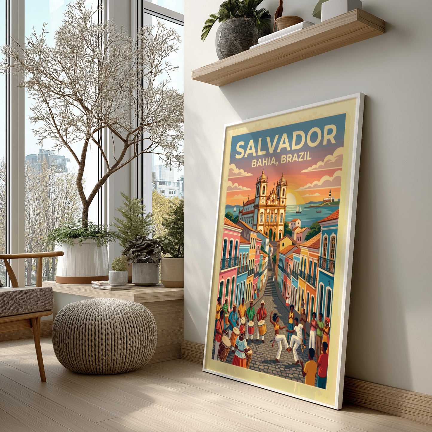 Travel poster of Salvador Bahia featuring colourful colonial buildings and people dancing capoeira.