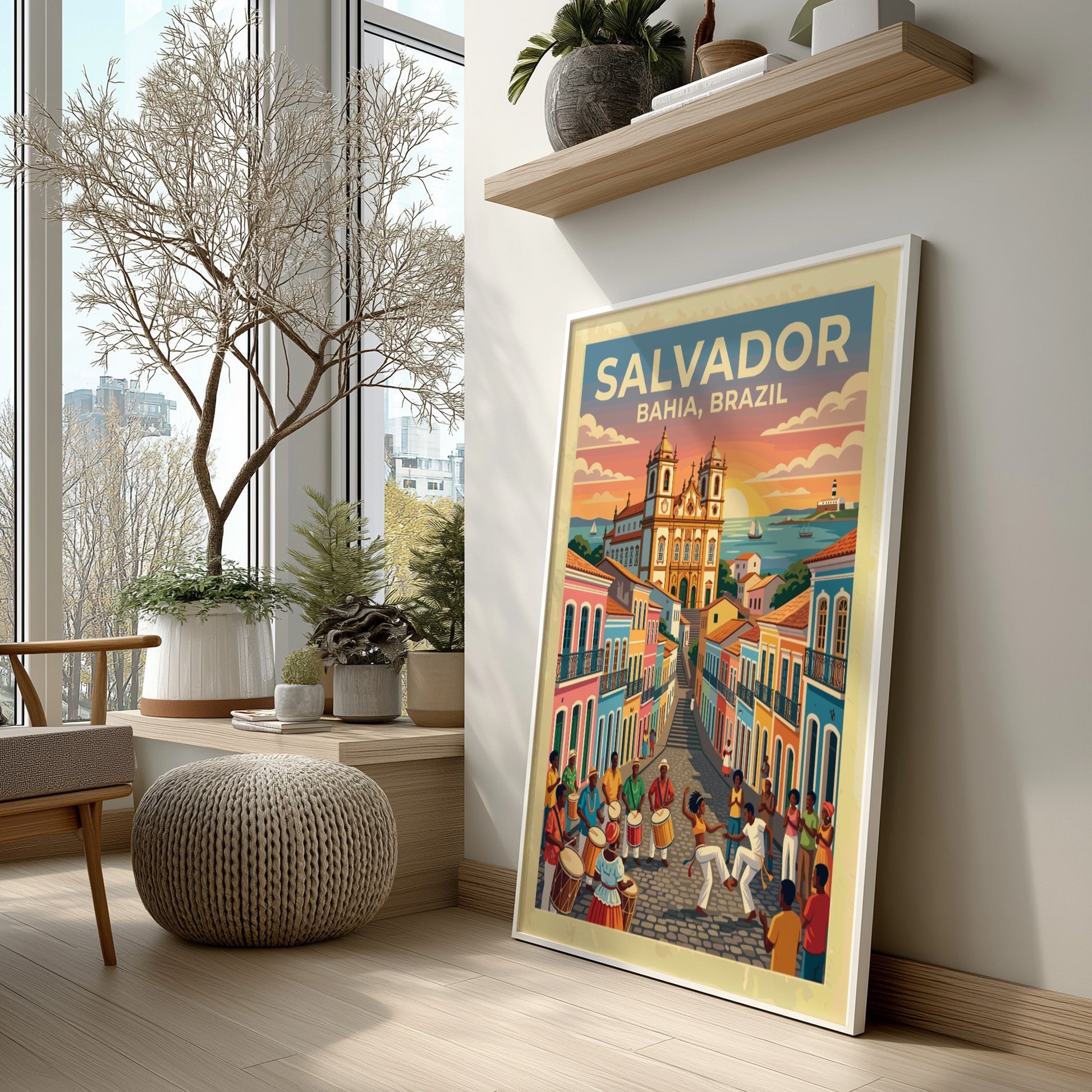 Travel poster of Salvador Bahia featuring colourful colonial buildings and people dancing capoeira.