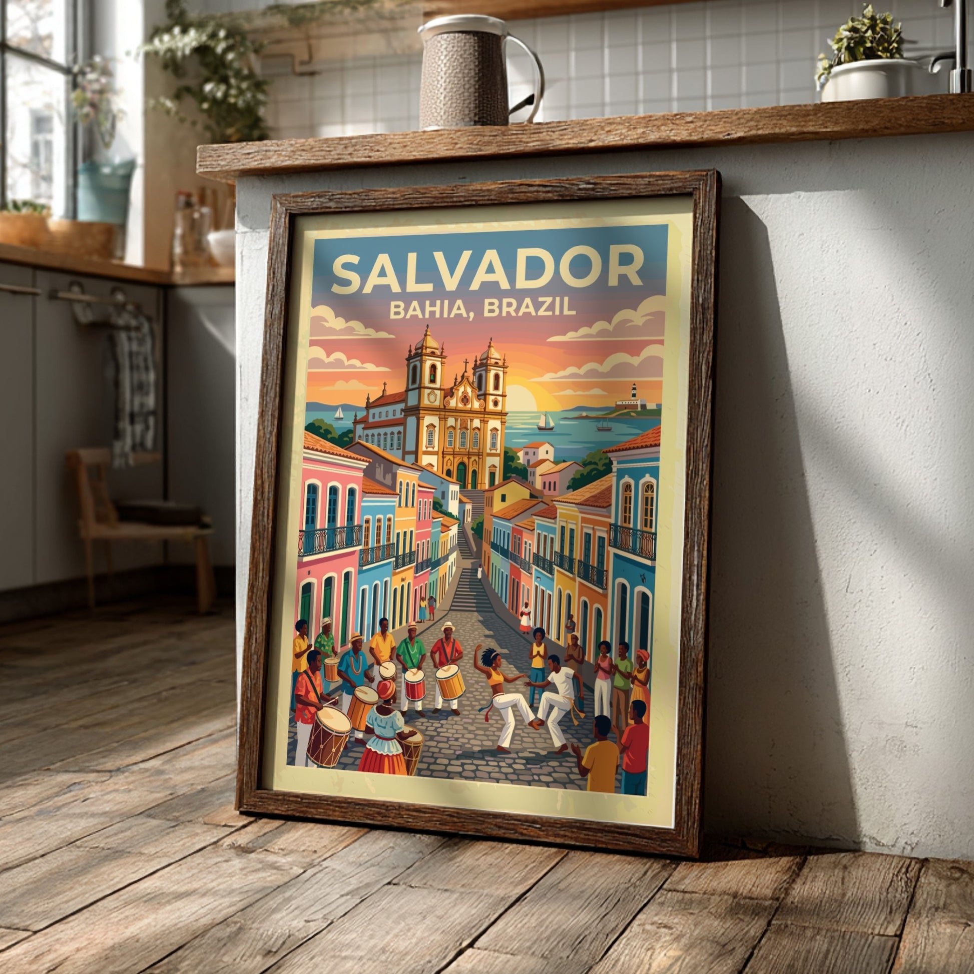 Travel poster of Salvador Bahia featuring colourful colonial buildings and people dancing capoeira.