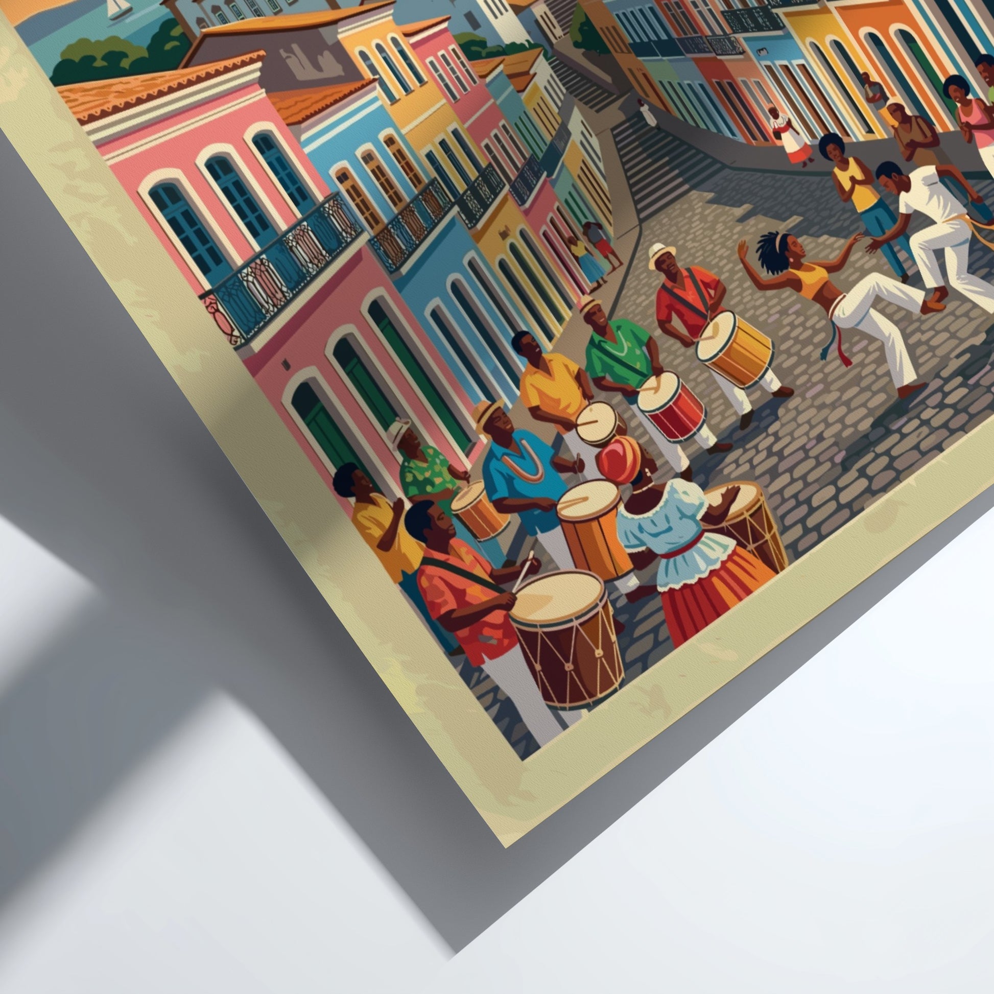 Travel poster of Salvador Bahia featuring colourful colonial buildings and people dancing capoeira.