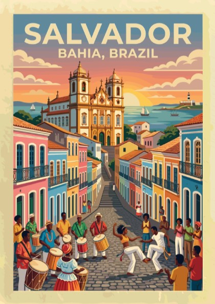Travel poster of Salvador Bahia featuring colourful colonial buildings and people dancing capoeira.