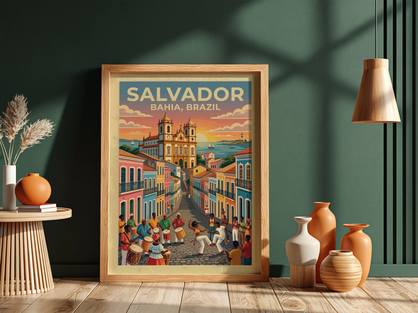 Travel poster of Salvador Bahia featuring colourful colonial buildings and people dancing capoeira.