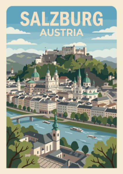 Salzburg Austria travel poster featuring the city skyline, fortress, and river in blue.