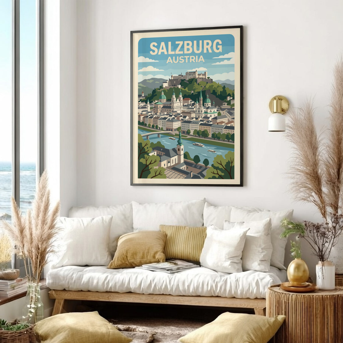 Salzburg Austria travel poster featuring the city skyline, fortress, and river in blue.