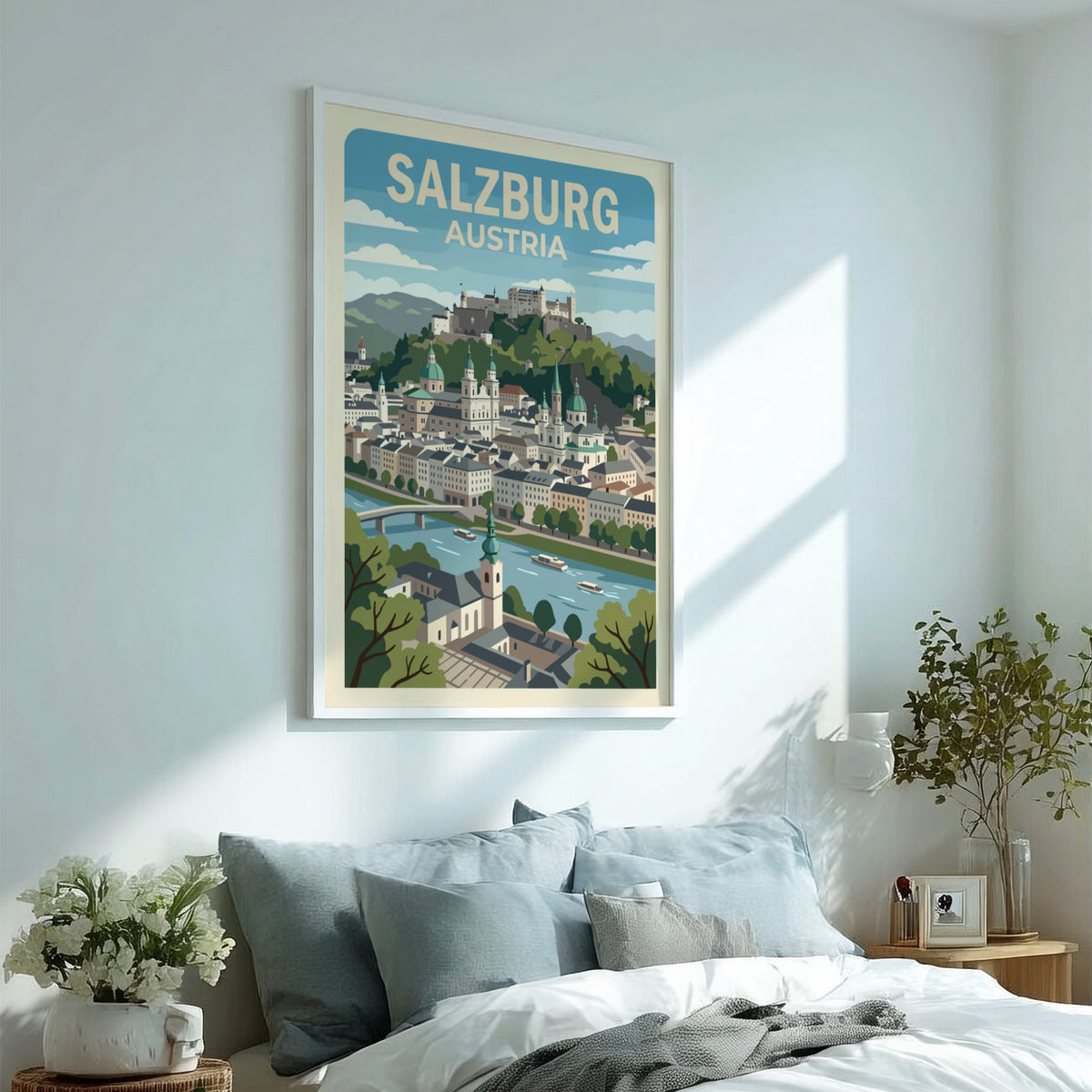 Salzburg Austria travel poster featuring the city skyline, fortress, and river in blue.