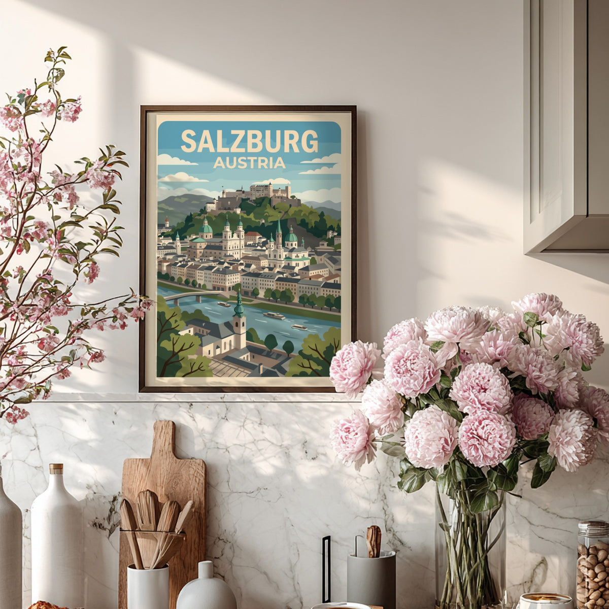 Salzburg Austria travel poster featuring the city skyline, fortress, and river in blue.