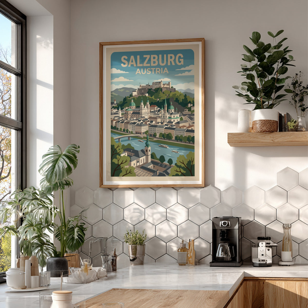 Salzburg Austria travel poster featuring the city skyline, fortress, and river in blue.