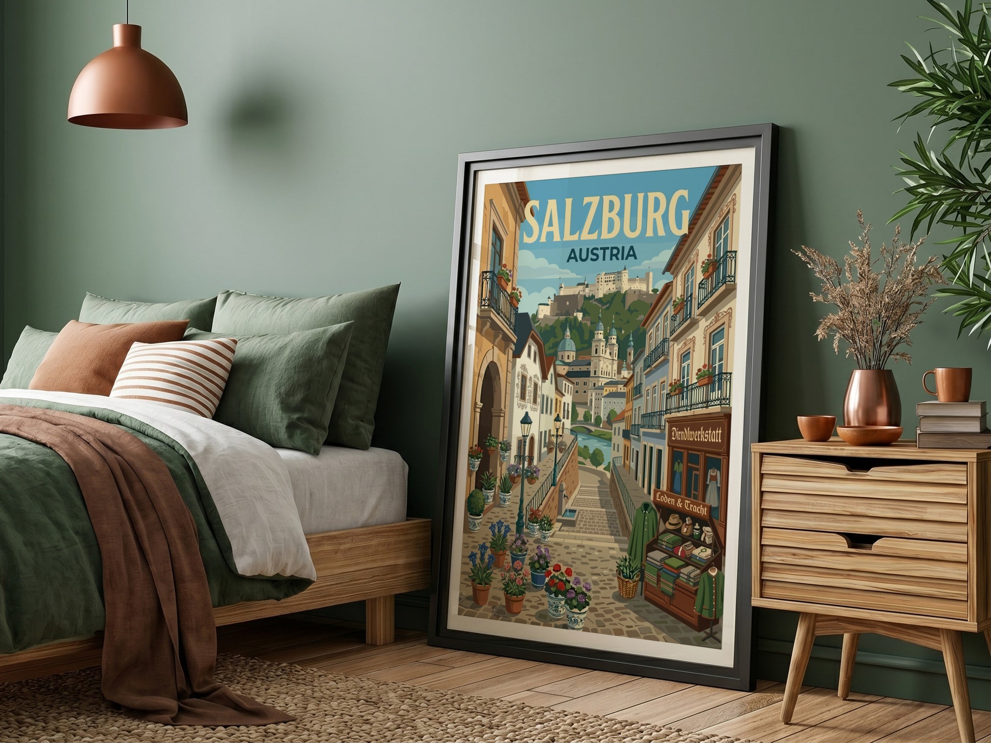 Salzburg Austria travel poster featuring a cityscape with a fortress, cathedrals, and flower-lined streets in