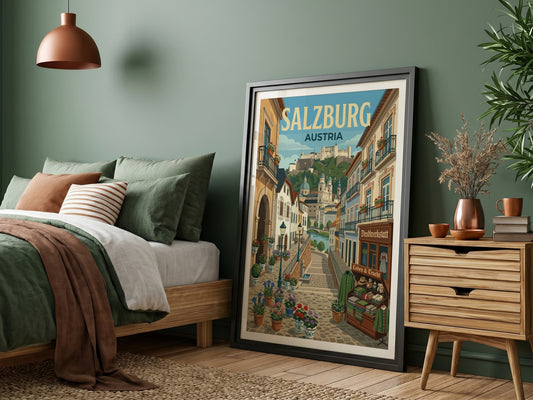 Salzburg Austria travel poster featuring a cityscape with a fortress, cathedrals, and flower-lined streets in