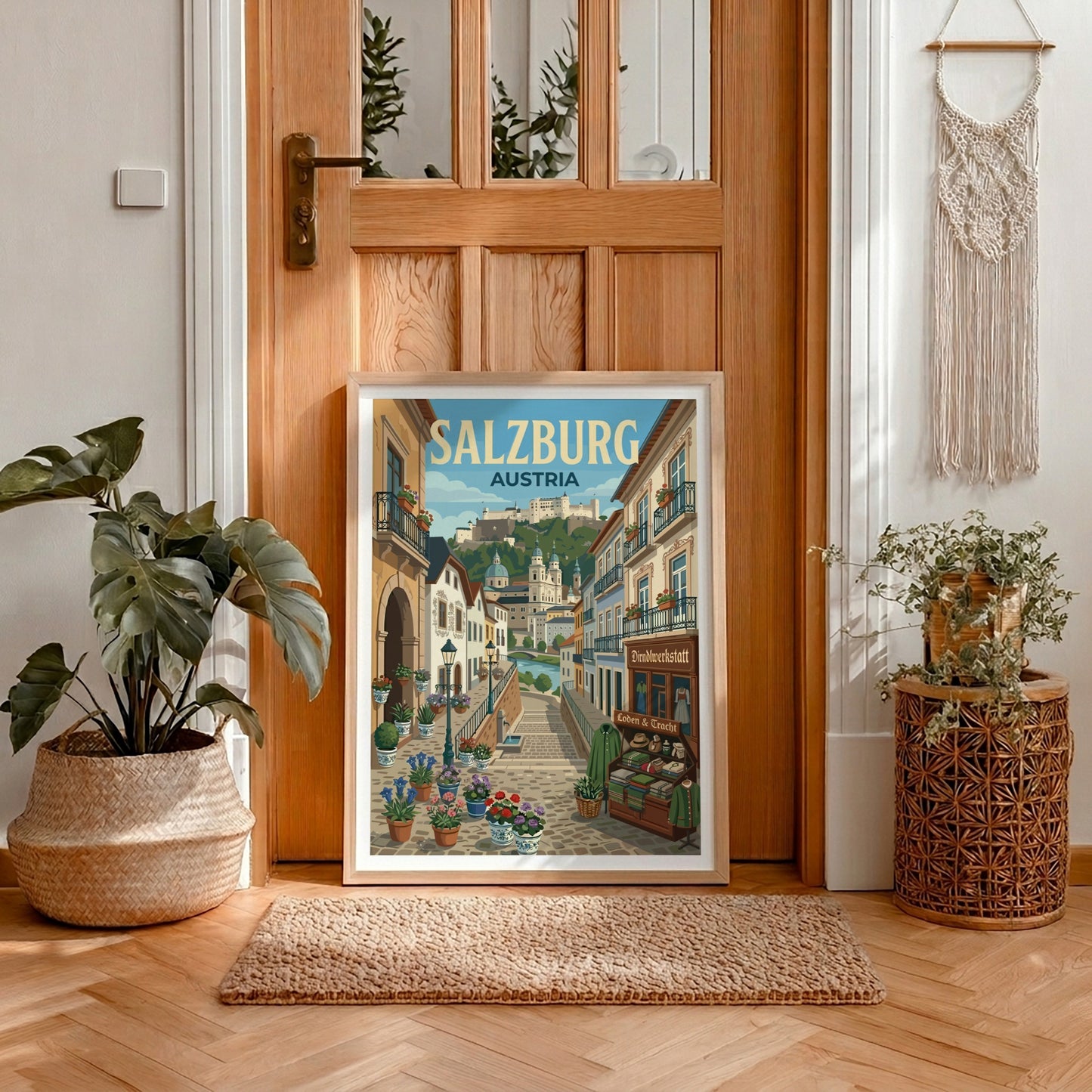 Salzburg Austria travel poster featuring a cityscape with a fortress, cathedrals, and flower-lined streets in