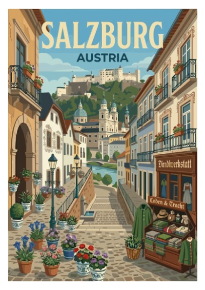 Salzburg Austria travel poster featuring a cityscape with a fortress, cathedrals, and flower-lined streets in