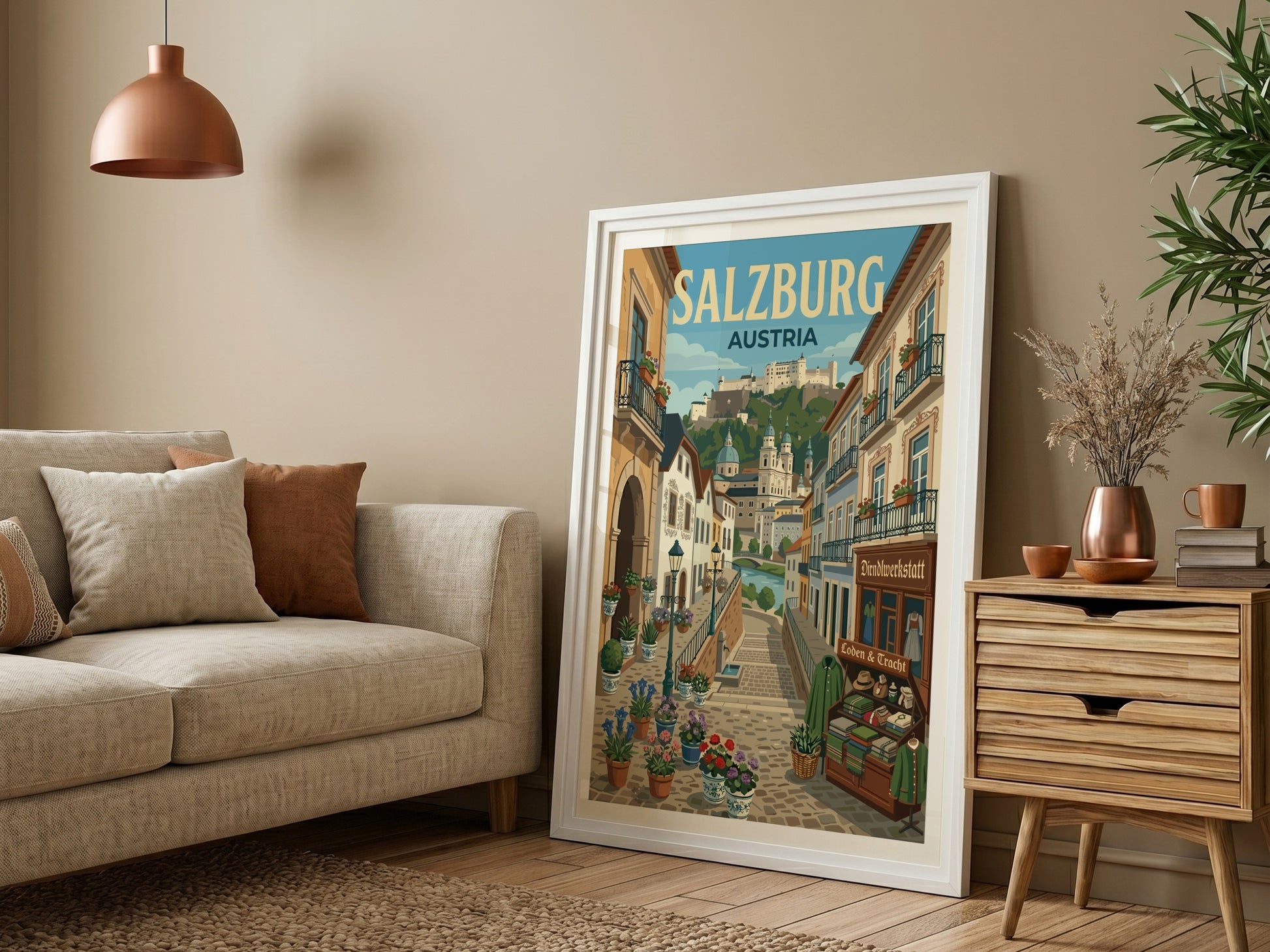 Salzburg Austria travel poster featuring a cityscape with a fortress, cathedrals, and flower-lined streets in