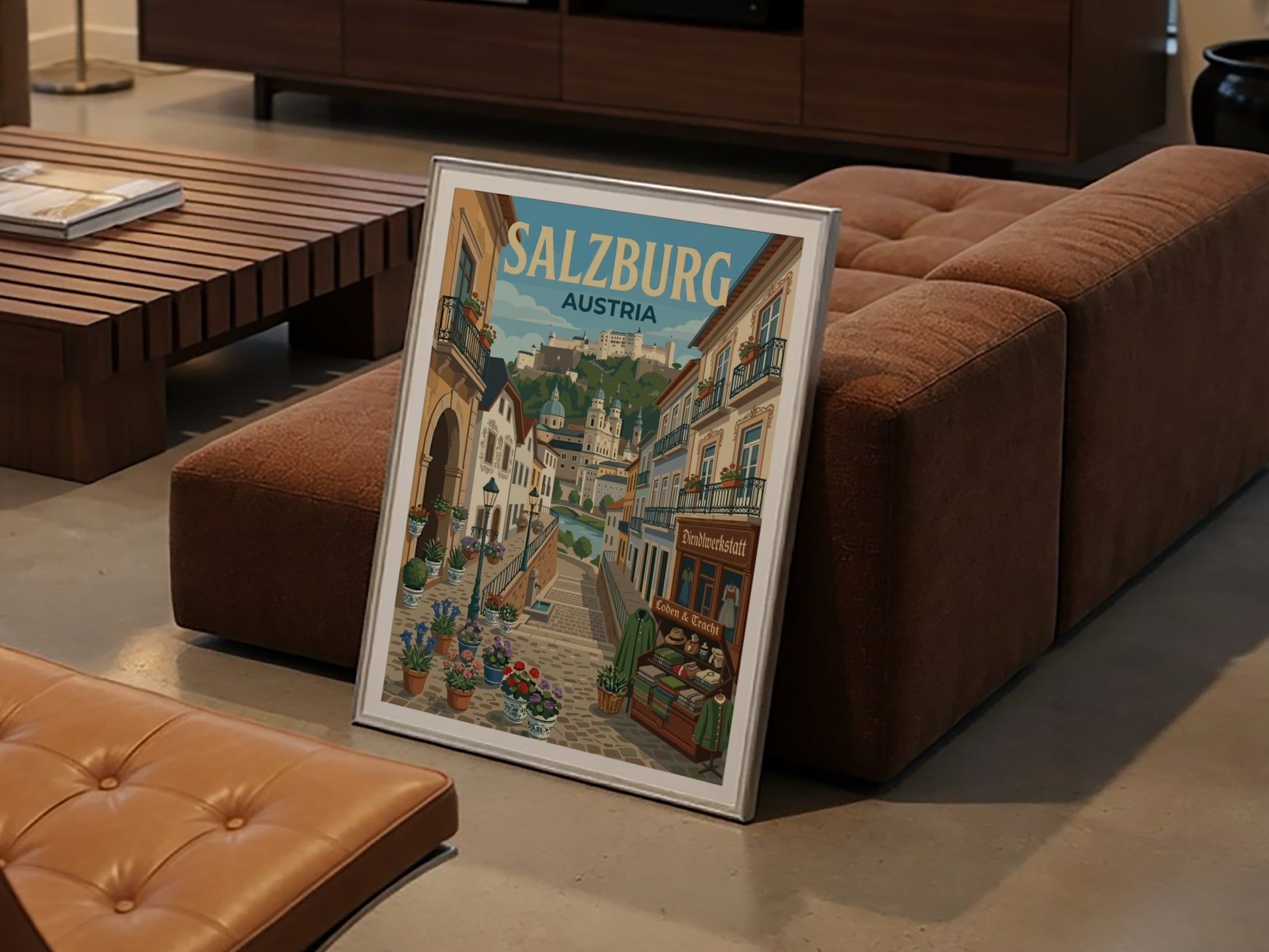 Salzburg Austria travel poster featuring a cityscape with a fortress, cathedrals, and flower-lined streets in