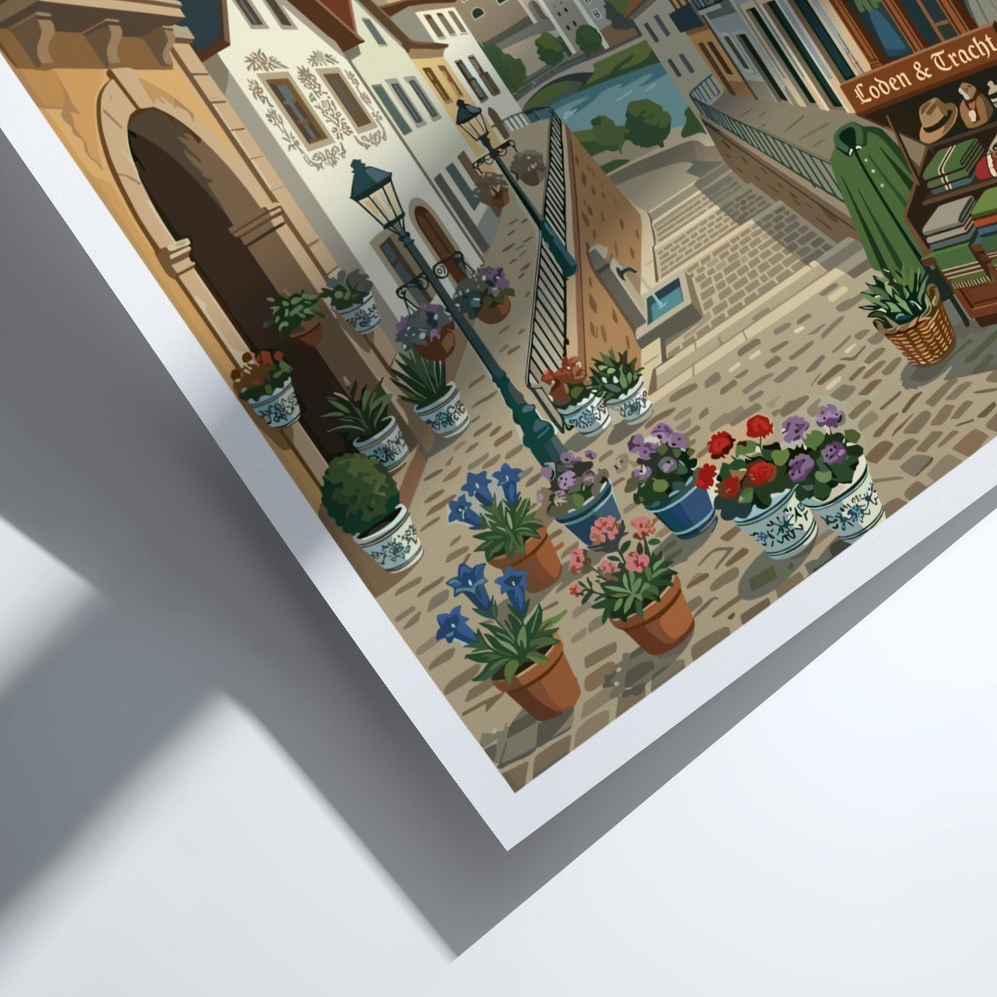 Salzburg Austria travel poster featuring a cityscape with a fortress, cathedrals, and flower-lined streets in