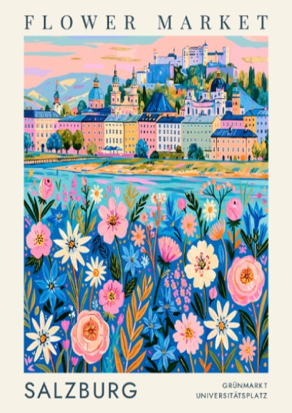 Flower market poster featuring vibrant cityscape with colorful flowers and historic buildings