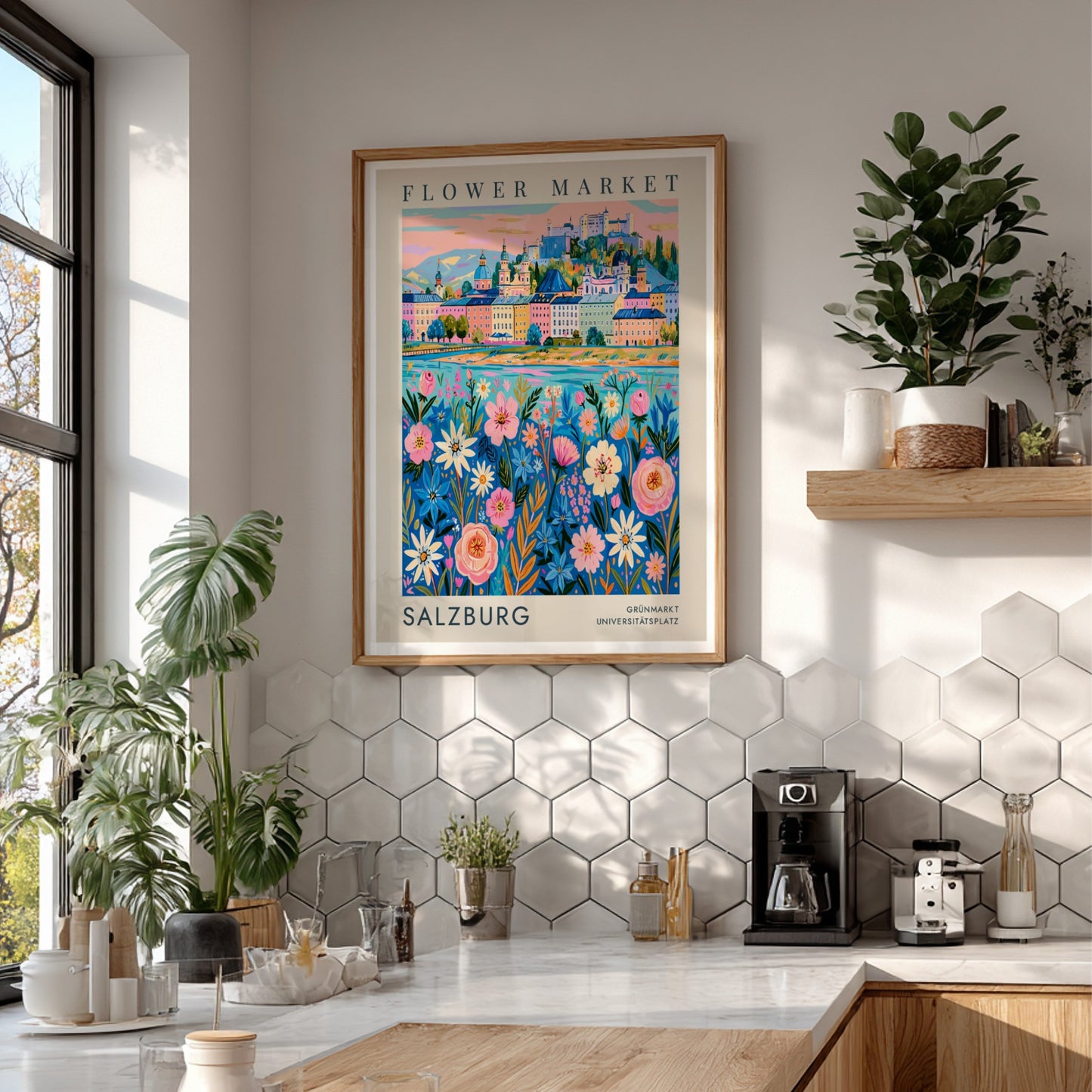 Flower market poster featuring vibrant cityscape with colorful flowers and historic buildings