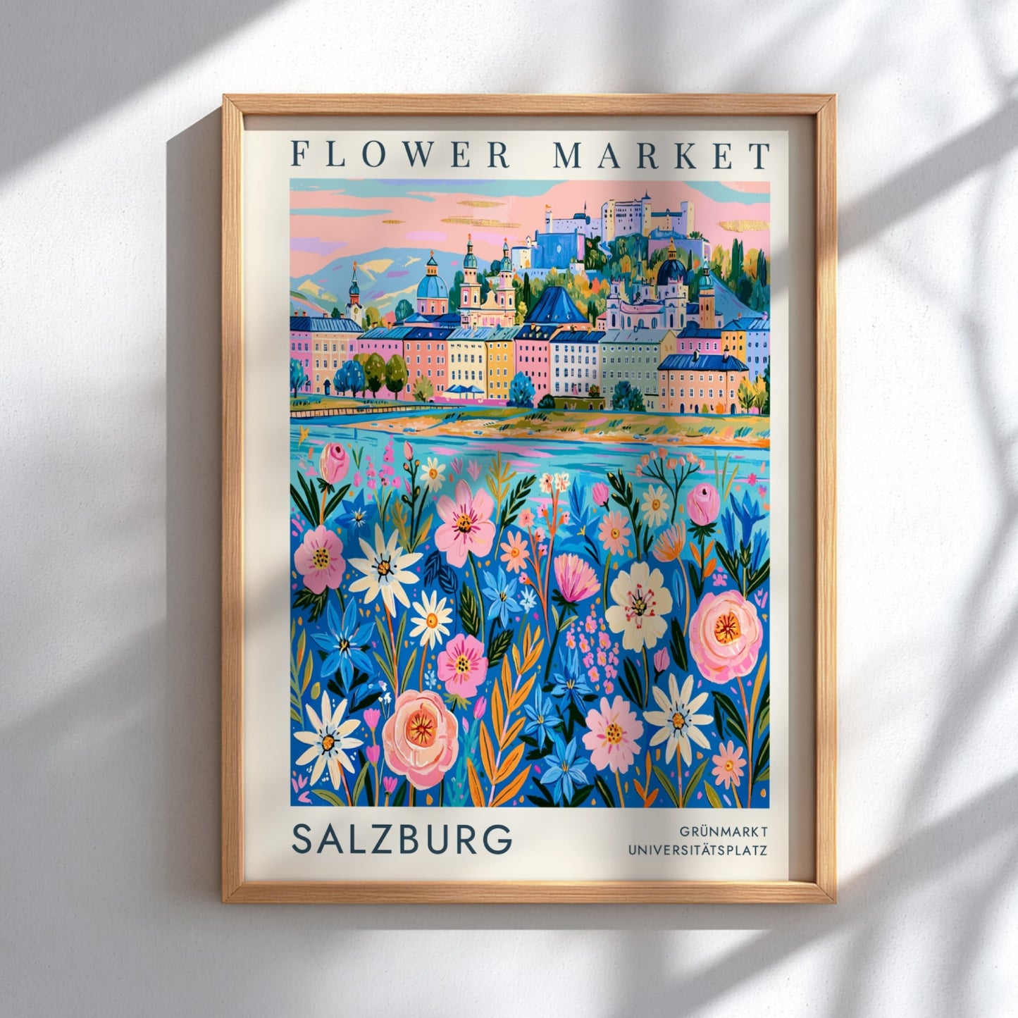 Flower market poster featuring vibrant cityscape with colorful flowers and historic buildings