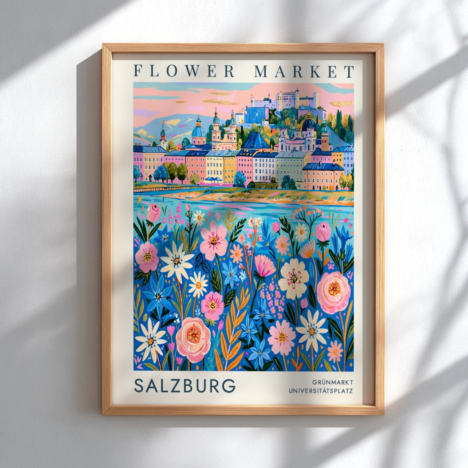 Flower market poster featuring vibrant cityscape with colorful flowers and historic buildings