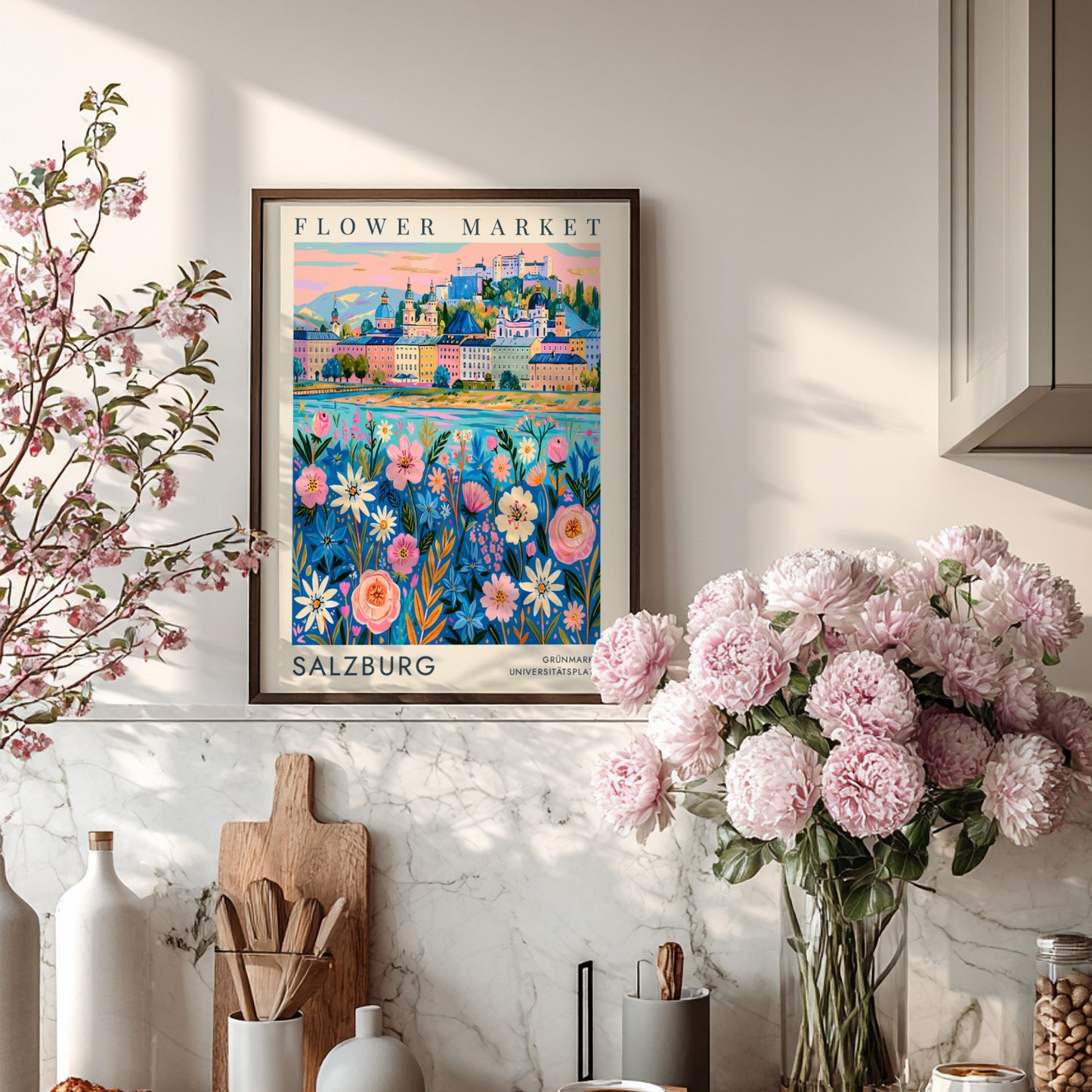 Flower market poster featuring vibrant cityscape with colorful flowers and historic buildings
