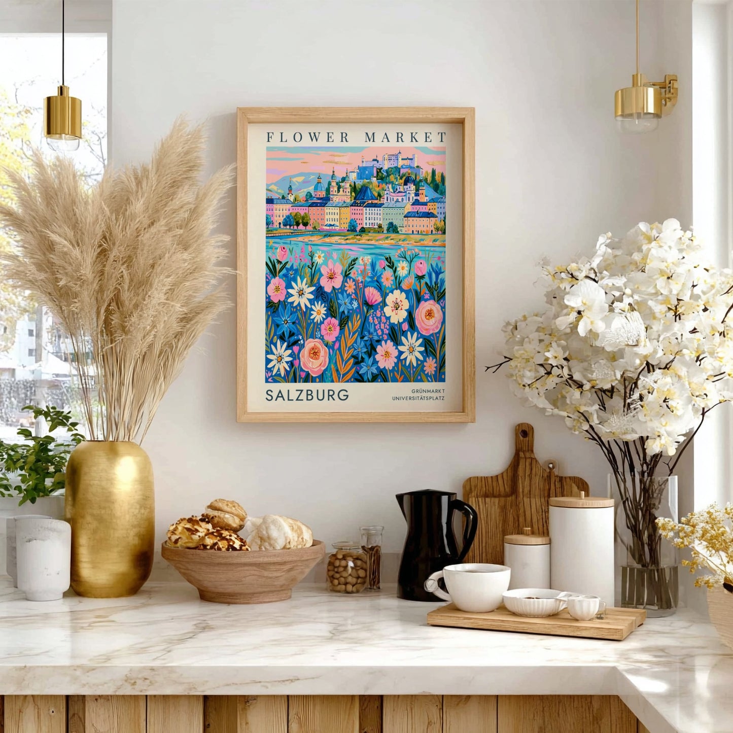 Flower market poster featuring vibrant cityscape with colorful flowers and historic buildings