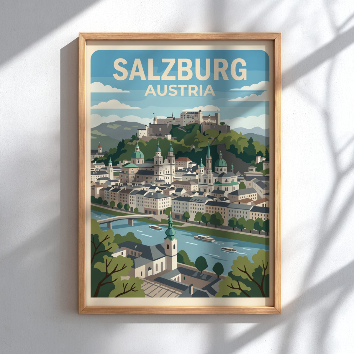Salzburg Austria travel poster featuring the city skyline, fortress, and river in blue.