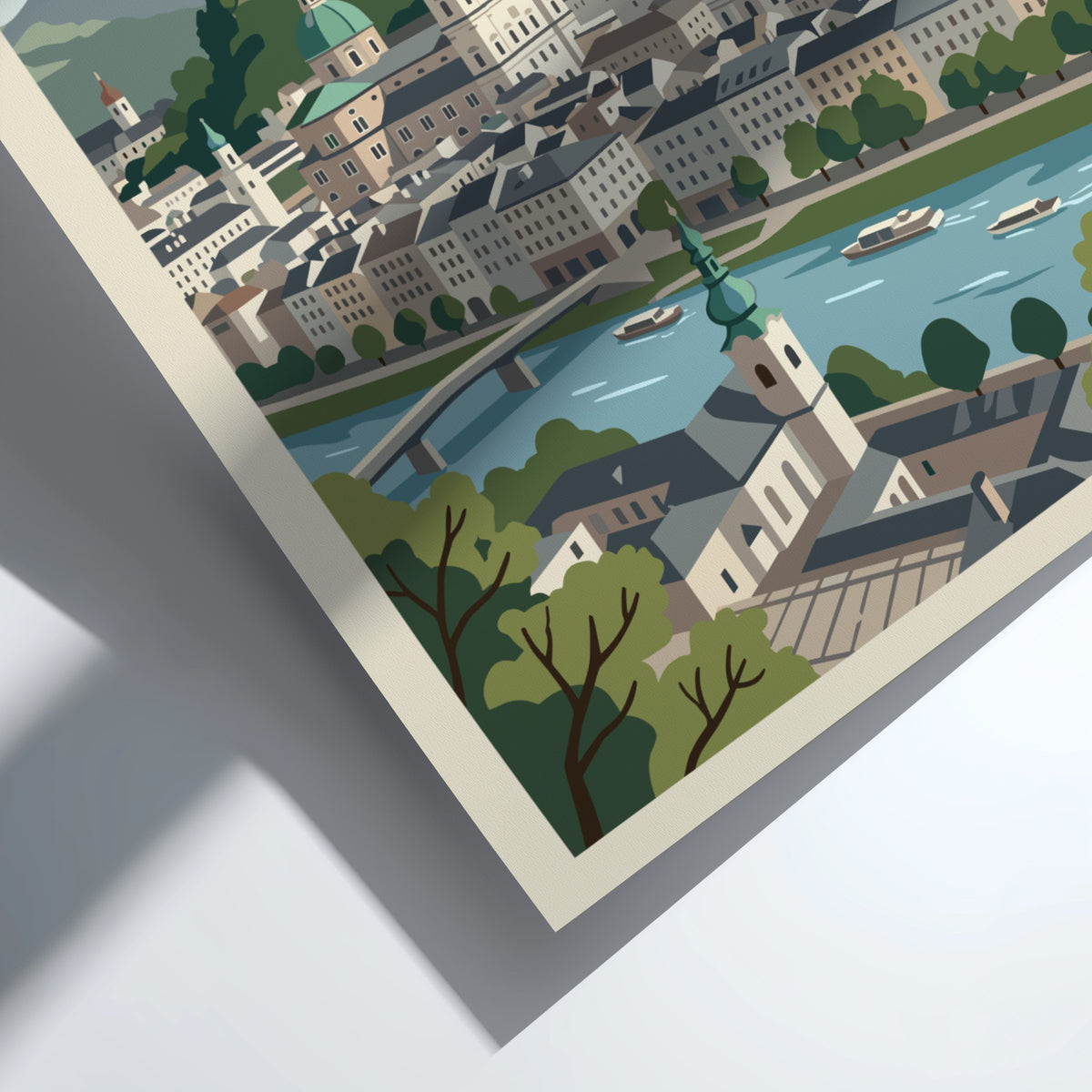 Salzburg Austria travel poster featuring the city skyline, fortress, and river in blue.