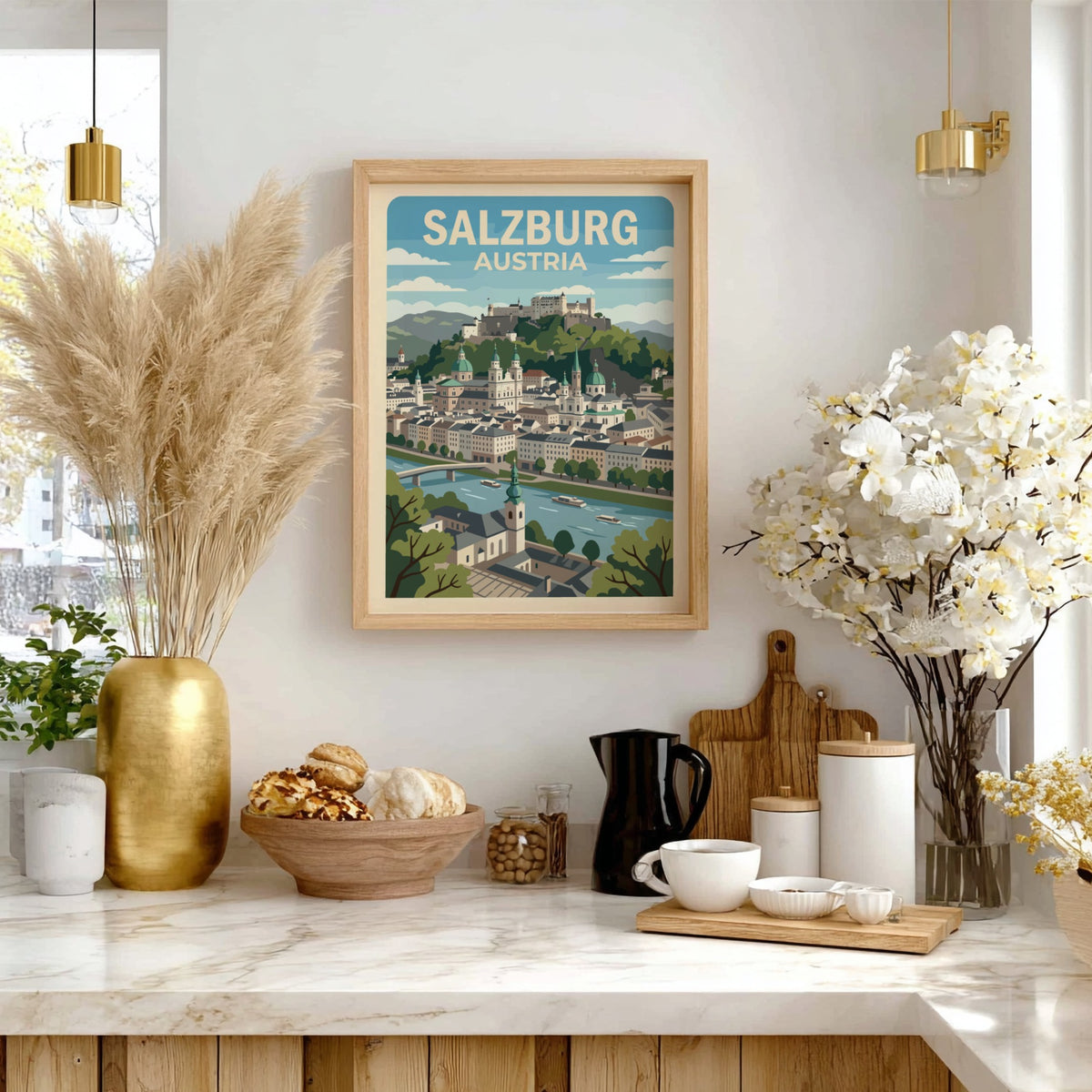 Salzburg Austria travel poster featuring the city skyline, fortress, and river in blue.