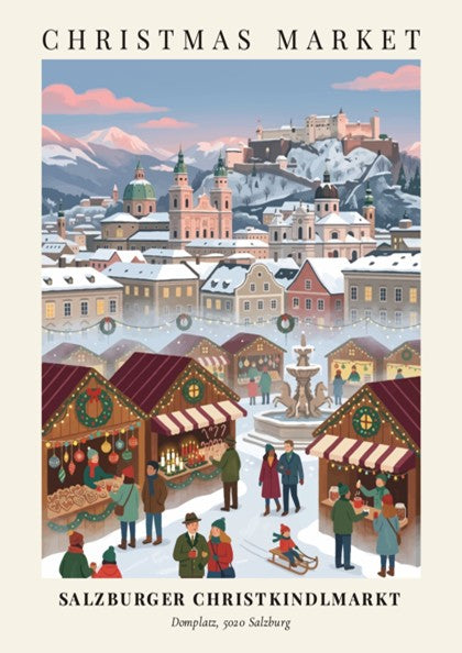 Poster of the Salzburger Christkindlmarkt featuring snowy wooden stalls, a stone fountain, and fortress.