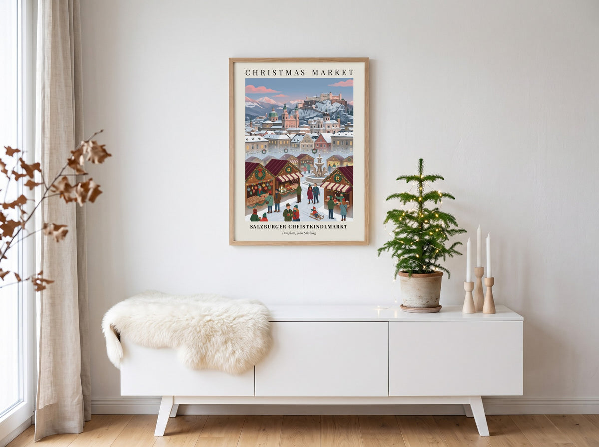 Poster of the Salzburger Christkindlmarkt featuring snowy wooden stalls, a stone fountain, and fortress.