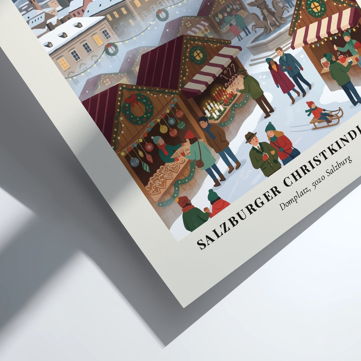 Poster of the Salzburger Christkindlmarkt featuring snowy wooden stalls, a stone fountain, and fortress.