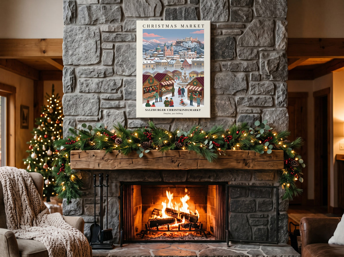 Poster of the Salzburger Christkindlmarkt featuring snowy wooden stalls, a stone fountain, and fortress.