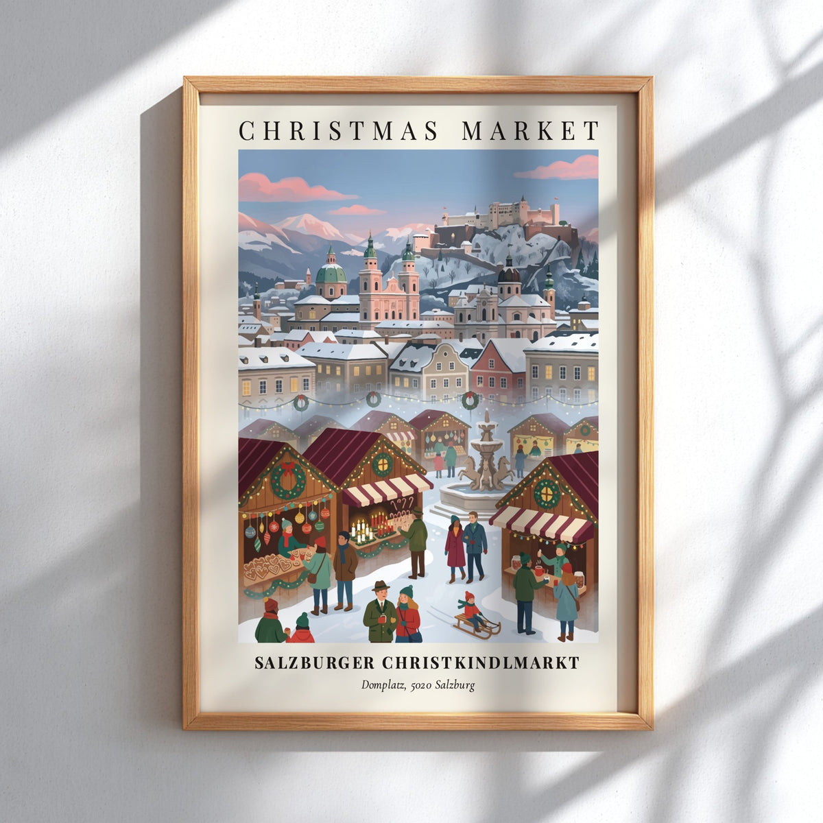 Poster of the Salzburger Christkindlmarkt featuring snowy wooden stalls, a stone fountain, and fortress.
