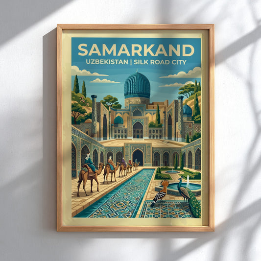 Travel poster of Samarkand featuring turquoise domes, camel caravans, peacocks, and intricate tile patterns.