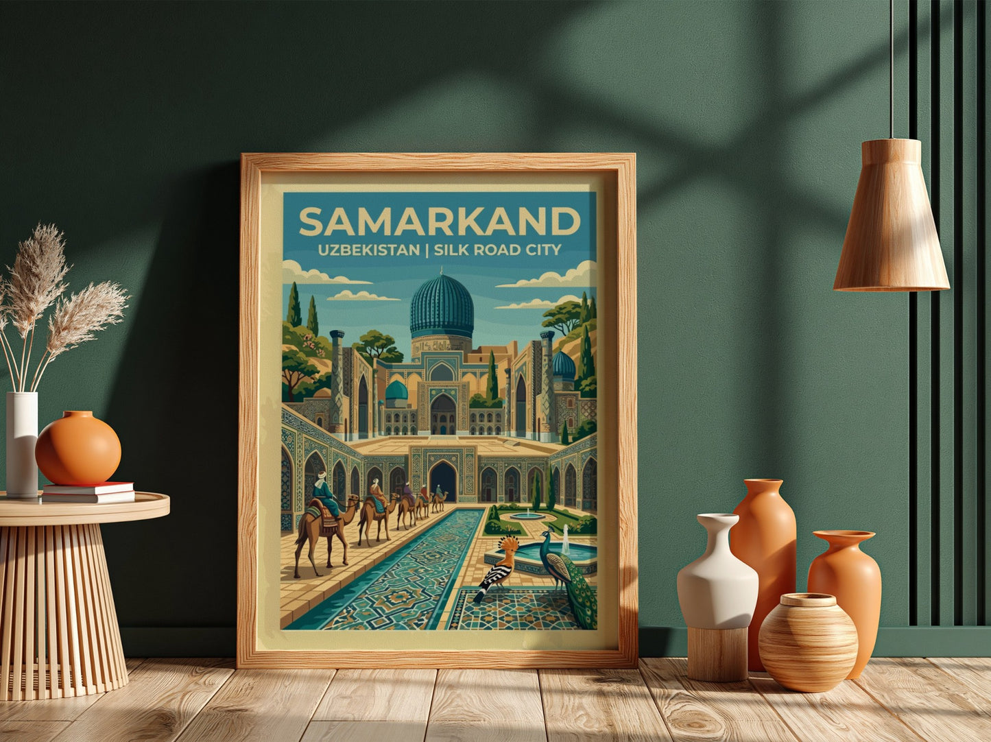 Travel poster of Samarkand featuring turquoise domes, camel caravans, peacocks, and intricate tile patterns.