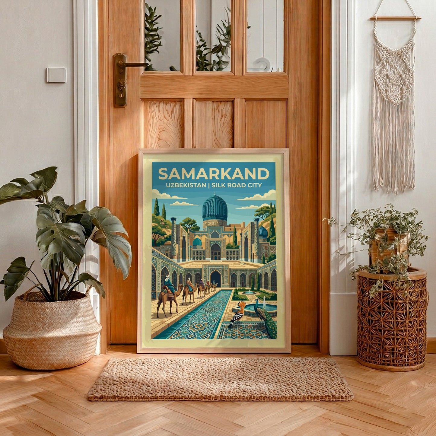Travel poster of Samarkand featuring turquoise domes, camel caravans, peacocks, and intricate tile patterns.