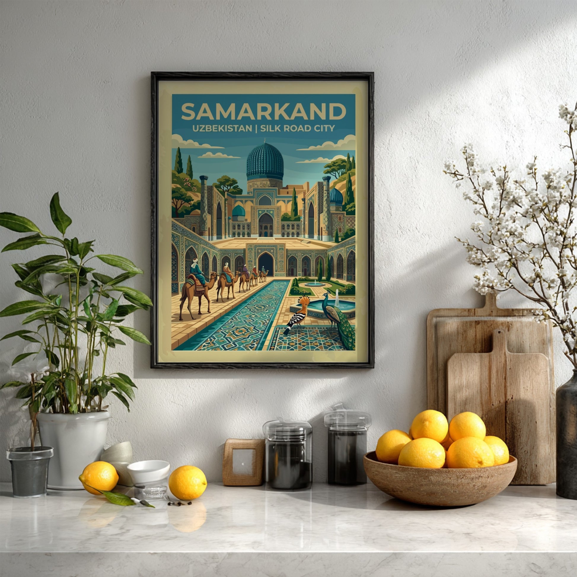 Travel poster of Samarkand featuring turquoise domes, camel caravans, peacocks, and intricate tile patterns.