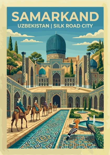 Travel poster of Samarkand featuring turquoise domes, camel caravans, peacocks, and intricate tile patterns.